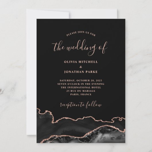 Invitation Élégant Agate noir et Or Rose | Mariage foncé (Devant)