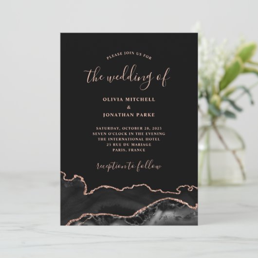 Invitation Élégant Agate noir et Or Rose | Mariage foncé (Debout devant)