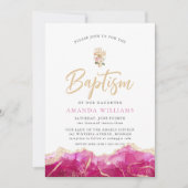 Invitation Élégant Agate rose or avec croix | Baptême (Devant)