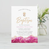 Invitation Élégant Agate rose or avec croix | Baptême (Debout devant)