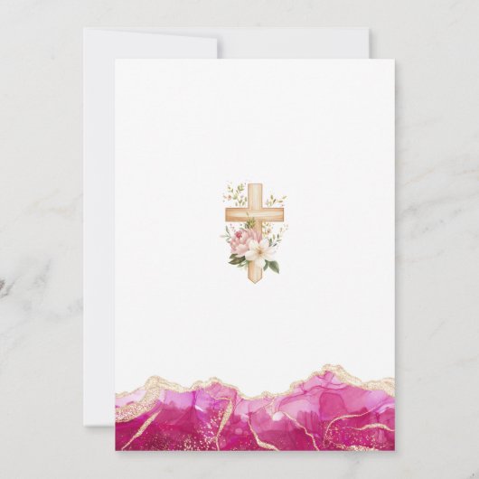 Invitation Élégant Agate rose or avec croix | Baptême (Dos)