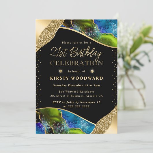 Invitation Elégant Agate Vert et Bleu 21e anniversaire (Debout devant)