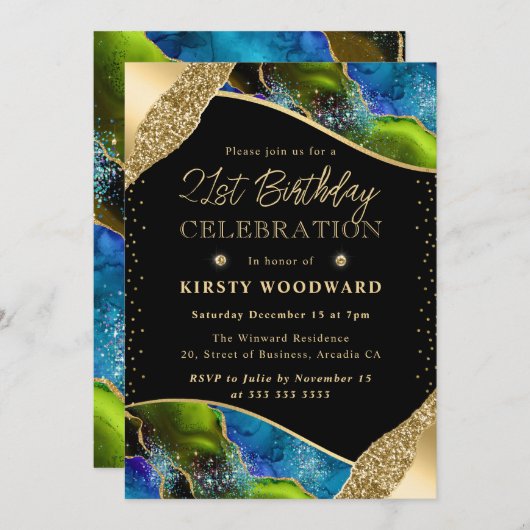 Invitation Elégant Agate Vert et Bleu 21e anniversaire (Devant / Derrière)