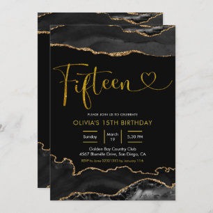 Invitation Elégant âge noir et or Quinze Anniversaire