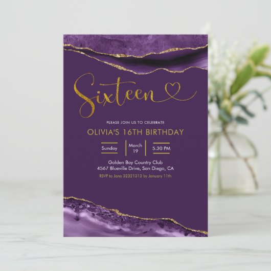 Invitation Élégant âge violet et or Seize Anniversaire (Debout devant)