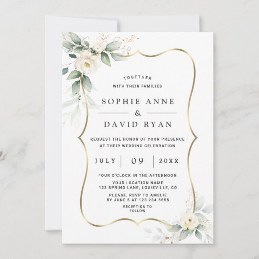 Invitation Elégant Airy Greenery Fleurs blanches Mariage or (Devant)