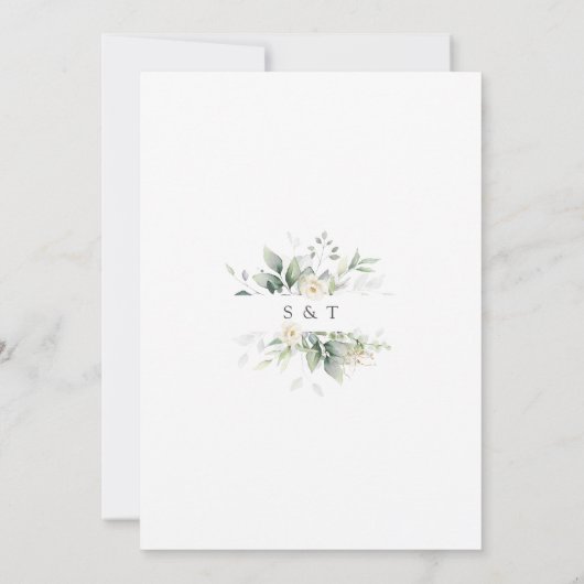 Invitation Elégant Airy Greenery Fleurs blanches Mariage or (Dos)