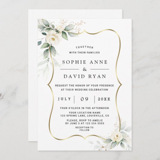 Invitation Elégant Airy Greenery Fleurs blanches Mariage or (Devant / Derrière)