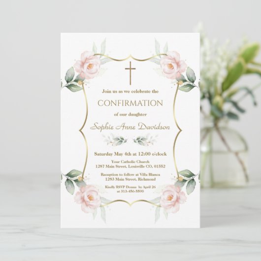Invitation Elegant Airy Greenery Pink Floral Confirmation (Debout devant)