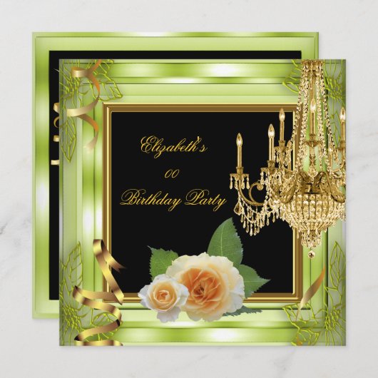 Invitation Élégant Ajouter l'âge Anniversaire Vert Roses or (Devant / Derrière)