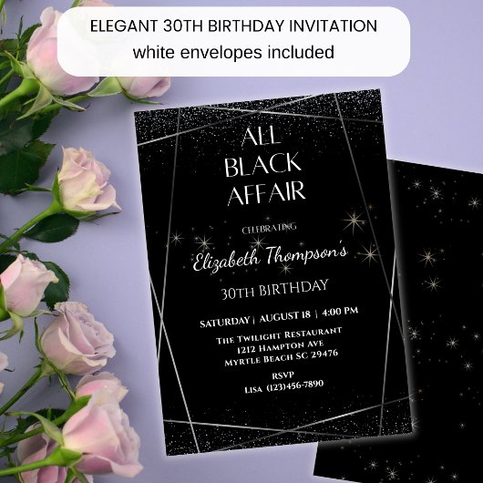 Invitation Elégant All Black Affair 30th Birthday Celebration