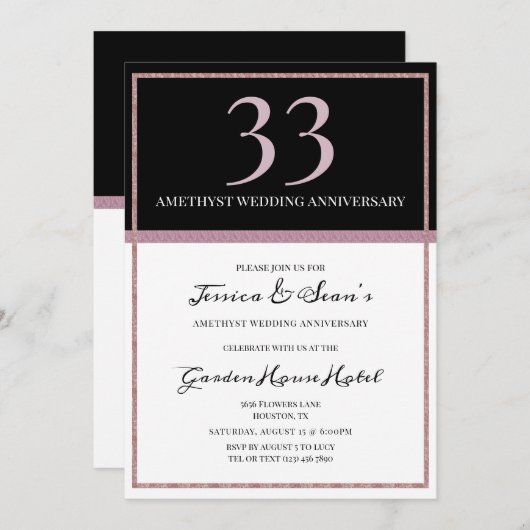 Invitation Élégant Améthyste et Noir 33e anniversaire Mariage (Devant / Derrière)