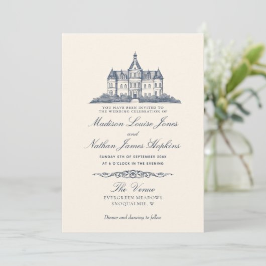Invitation Élégant Ancien Château Manor Mariage (Debout devant)