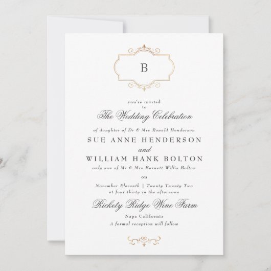 Invitation élégant ancien classique or monogramme mariage (Devant)