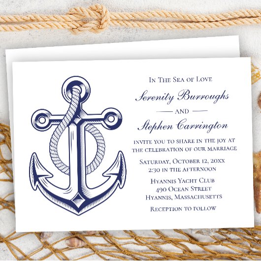 Invitation Elégant Ancre nautique Marine Blue Summer Mariage