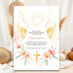 Invitation Elégant Angel Wings Christian Cross Baby shower