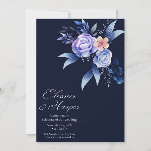 Invitation élégant angle peony wreath marine bleu mariage (Devant)
