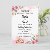 Invitation Élégant anneaux rose floral et or mariage invitat (Debout devant)