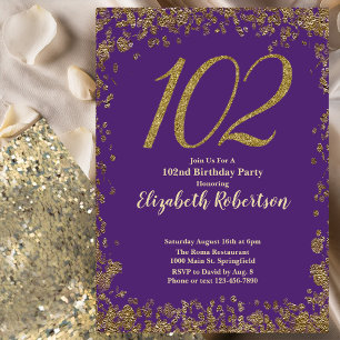 Invitation Elégant Anniversaire 102 ans Violet et Or
