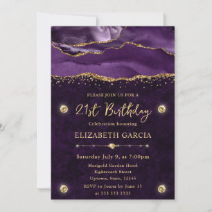 Invitation Elégant Anniversaire 21 ans Agate Pailleté Violet 