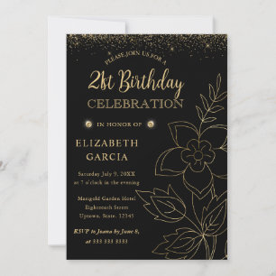 Invitation Élégant Anniversaire 21 ans Botanique Noir et Or