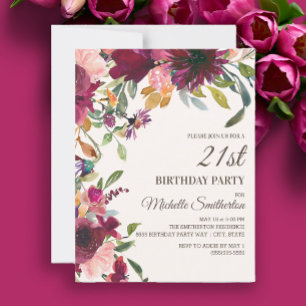 Invitation Elégant Anniversaire 21 ans Fleurs Rose Violet Or