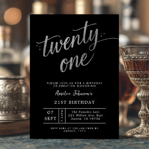 Invitation Élégant Anniversaire 21 ans Noir et Argent