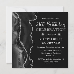 Invitation Elégant Anniversaire 21 ans Paillettes Agate Noir 