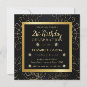 Invitation Élégant Anniversaire 21 Botanique Noir et Or