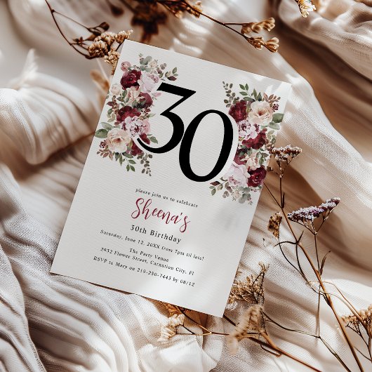 Invitation Élégant Anniversaire 30 ans Fleurs