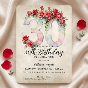 Invitation Élégant Anniversaire 30 Ans Rose Rouge Aquarelle V