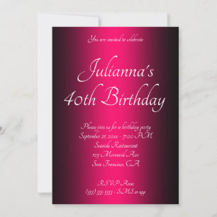 Invitation Elégant Anniversaire 40 ans ombré noir et rose vif