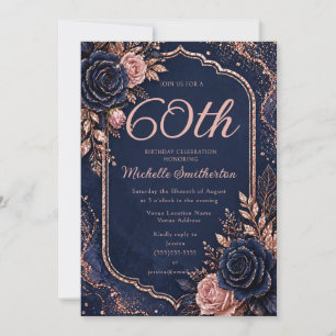 Invitation Elégant Anniversaire 60 Ans Bleu Nuit Paillettes O