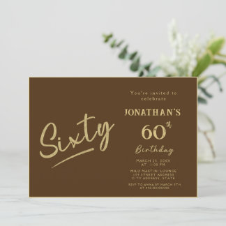 Invitation Élégant Anniversaire 60 Ans Brun Or Écriture Pince