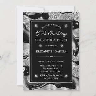 Invitation Elégant Anniversaire 60 ans Paillettes Agate Noir 