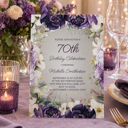 Invitation Elégant Anniversaire 70 Ans Fleurs Blanches Violet