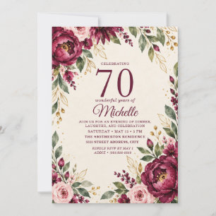 Invitation Élégant Anniversaire 70 Ans Fleurs Rouge Bourgogne