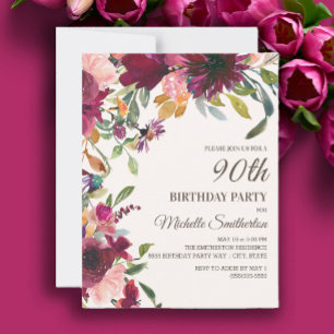 Invitation Elégant Anniversaire 90 ans Fleurs Rose Violet Or