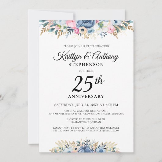 Invitation Elégant Anniversaire Aquarelle Floral Blue Gold (Devant)