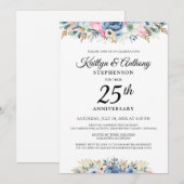 Invitation Elégant Anniversaire Aquarelle Floral Blue Gold (Devant / Derrière)