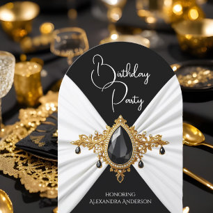 Invitation Élégant Anniversaire Blanc Noir Or Soie Bijou