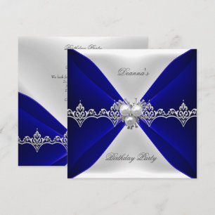 Invitation Elégant Anniversaire Bleu Royal Bijou Blanc Soie
