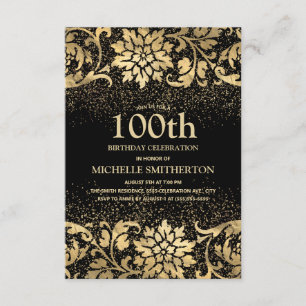 Invitation Elégant Anniversaire de 100 ans Fleurs Paillettes
