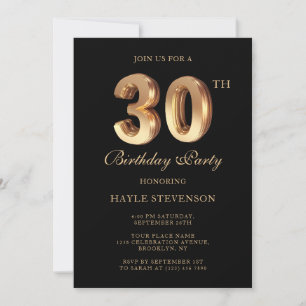 Invitation Élégant Anniversaire de 30 ans Luxueux Noir & Or