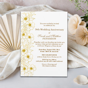 Invitation Élégant Anniversaire de Mariage 70 ans Fleurs Or