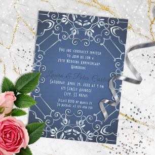 Invitation Élégant Anniversaire de Mariage Bleu et Argent de 