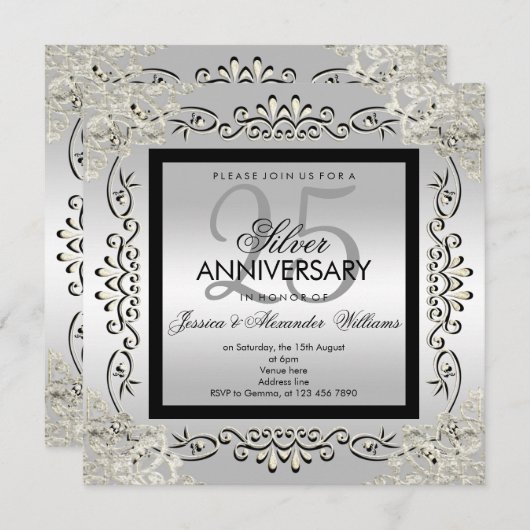 Invitation Élégant Anniversaire de Mariage de 25 Ans Argent e (Devant / Derrière)