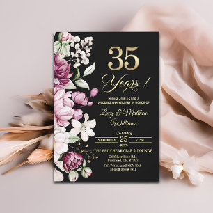 Invitation Élégant Anniversaire de Mariage Fleur Or 35 ans