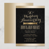 Invitation Élégant Anniversaire de Mariage Noir & Or Damassé (Devant / Derrière)