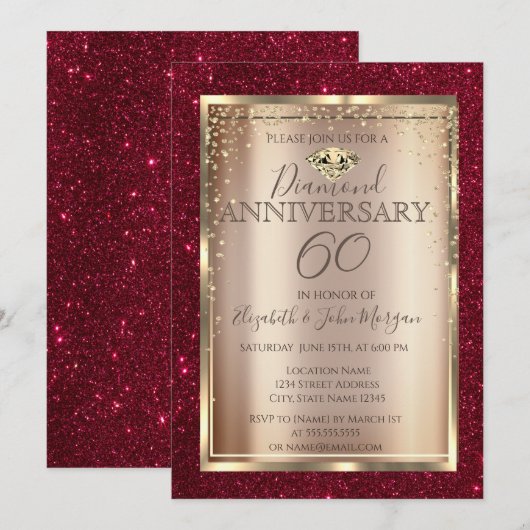 Invitation Élégant Anniversaire de Mariage Rouge Pailleté (Devant / Derrière)